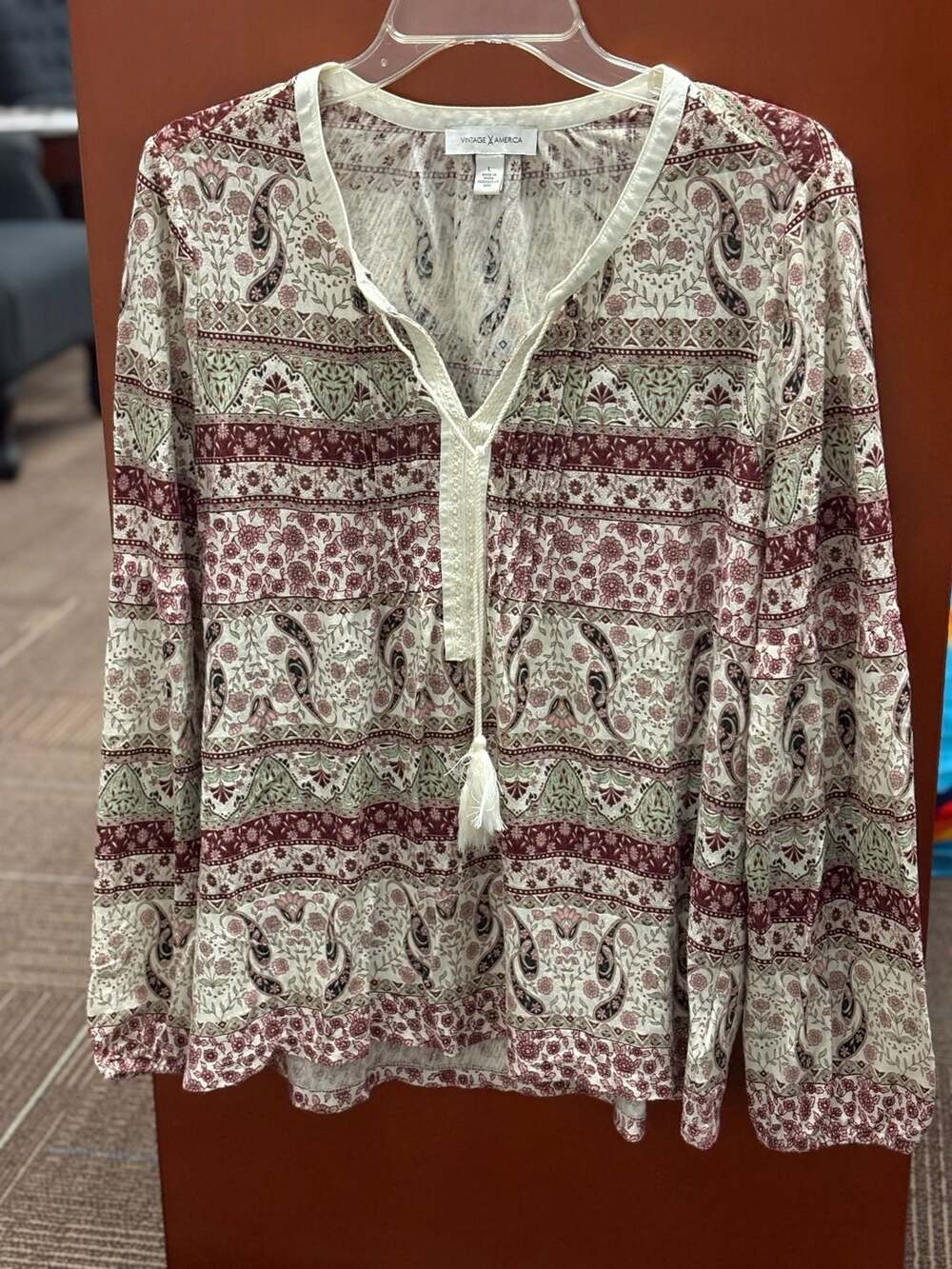Vintage America Paisley Peasant Blouse Size L Boho Long Sleeve Tassel